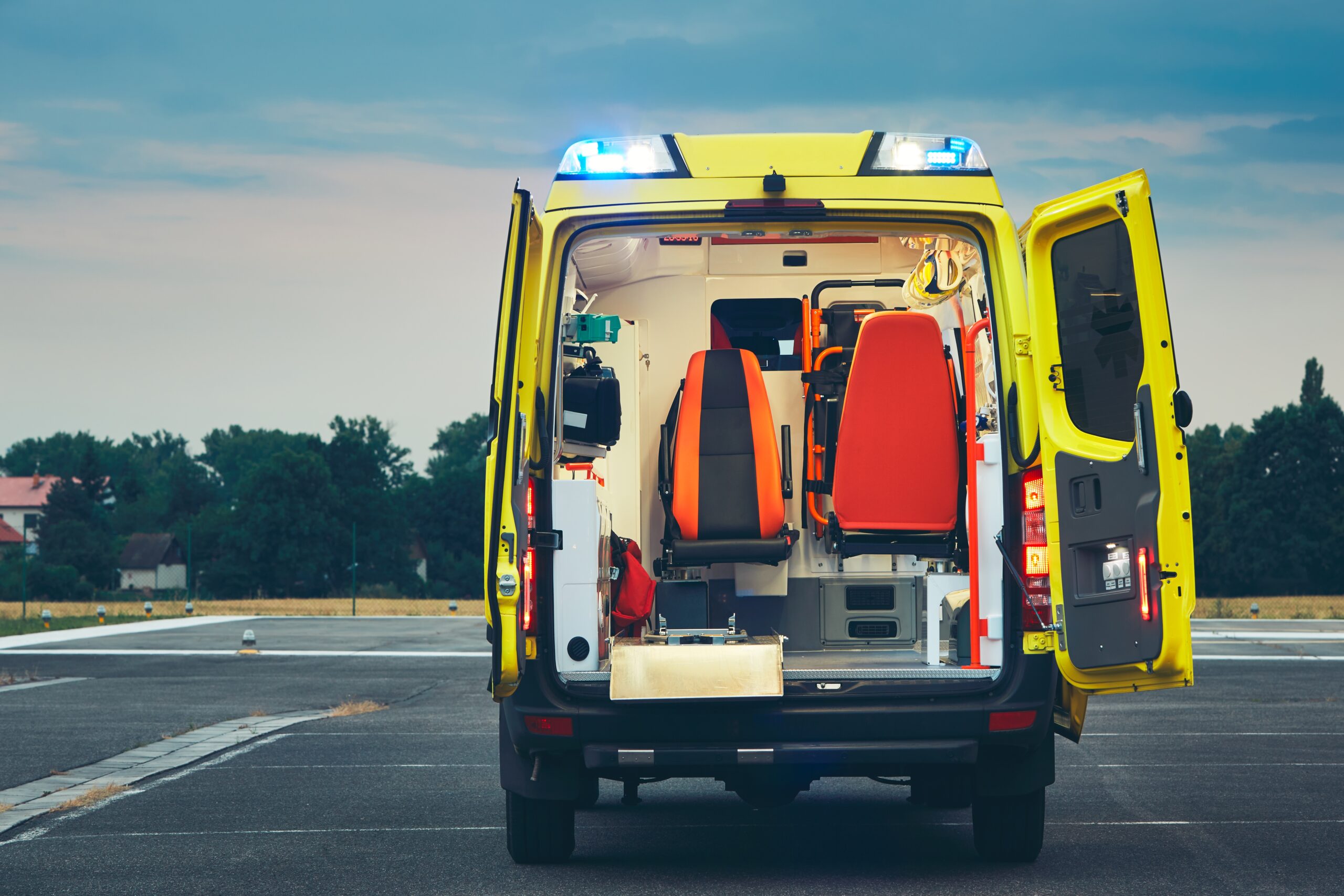 Emergency medical service Ambulance car of the emergency medical service at night.